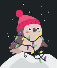 Naklejka premium Winter Illustration with Sparrow Wearing a Hat and Lights 