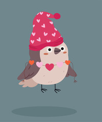 Love  Illustration with Sparrow Wearing a Hat and Decoration