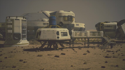A futuristic habitat stands on a barren alien landscape under a hazy sky. Robotic machines and scientific equipment surround the structure, showcasing humanitys venture into space exploration. © icetray