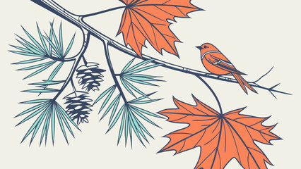 Fototapeta premium Minimalist illustration of a bird perched on a tree branch with leaves and pine cones.