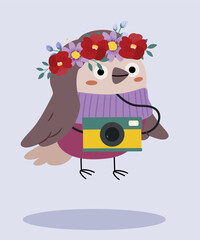 Sparrow with Flowers Decoration at Camera Photo 