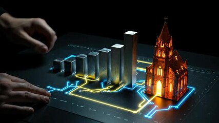 Man interacting with glowing church and bar graph representing religious growth with modern technology, animated footage - Powered by Adobe
