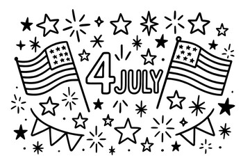 4th of July Celebration. Doodle independence day usa with stars, flags, and sparkles, center word “4July” in black and white