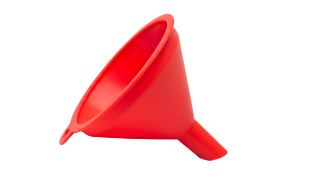 Red plastic funnel isolated on transparent background, essential tool for pouring liquids and powders into containers with narrow openings