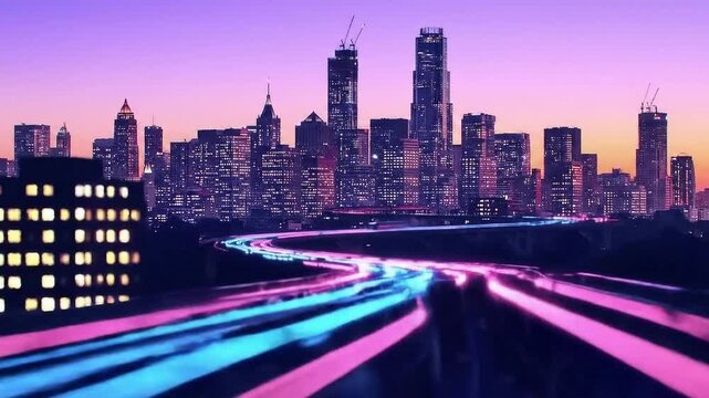 Vibrant cityscape at dusk with light trails, capturing the energy and dynamism of urban life at night