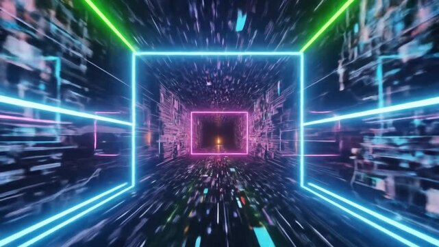 Neon lights illuminate a digital circuit board tunnel at high speed.
