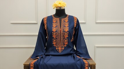 Navy Blue Ethnic Dress with Orange Floral Embroidery, Long Sleeves and Yellow Flower Crown – Traditional Fashion Illustration
