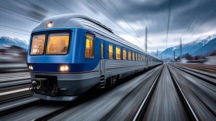 Fototapeta premium Blue passenger train moving fast through mountains