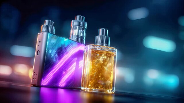 A set of colorful vaping box mods and bottles of e-liquid in photorealistic close-up