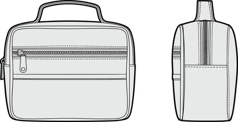 Rectangular lunchbox bag front and side view, technical drawing illustration, zipper pocket design, carrying handle case, unisex travel accessory sketch