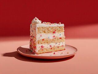 A slice of confetti cake on a pink plate against a red background, creating a vibrant and celebratory atmosphere.