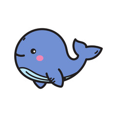 Charming Blue Cartoon Whale Illustration with Pink Cheeks and Transparent Background