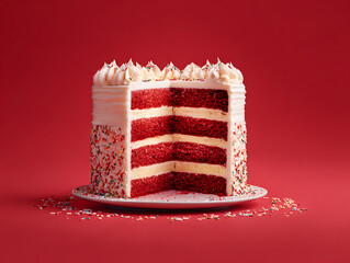 A delicious red velvet cake with creamy frosting and colorful sprinkles on a red background.