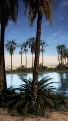 Obraz premium Tall palm trees surround a calm blue oasis, reflecting the warm sky. In the background, golden sand dunes rise softly under bright sunlight, creating a serene desert landscape.
