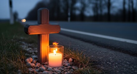 Small Wooden Cross Placed At Roadside With Candlelight Symbol Of Remembrance