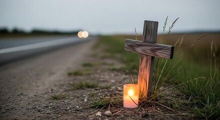 Aesthetic Photo Small Wood Cross With Candle Light Roadside