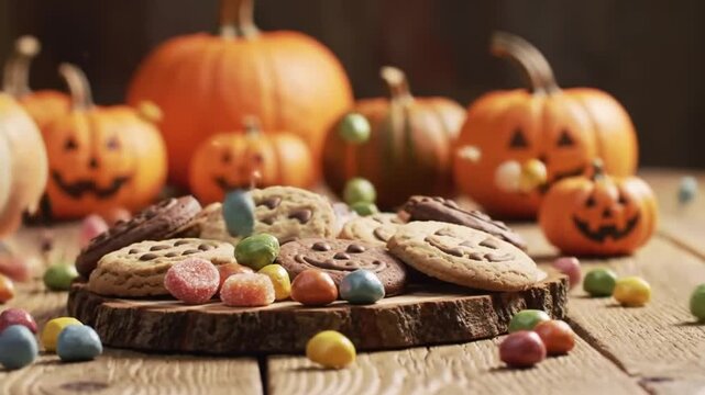 Halloween Cookies and Pumpkins on Wooden Table