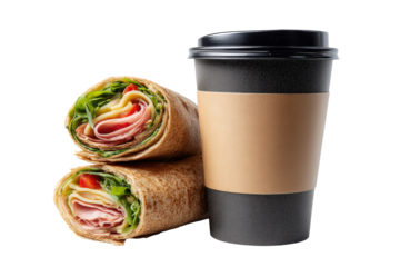 A black speckled disposable coffee cup with a kraft paper sleeve and two wraps, isolated on transparent background