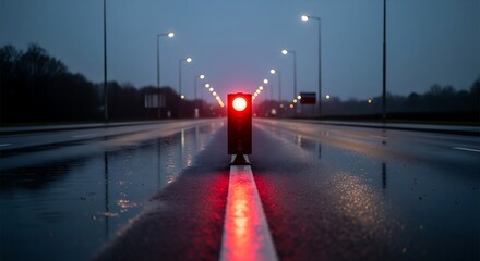 Traffic Light Showing Soft Red Glow On Quiet Empty Road Symbol Of Awareness And Respect