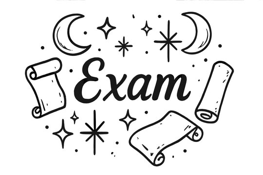 Magical Exam Illustration. Hand-drawn magical exam with moons, scrolls, and sparkles, center word “Exam” in black and white