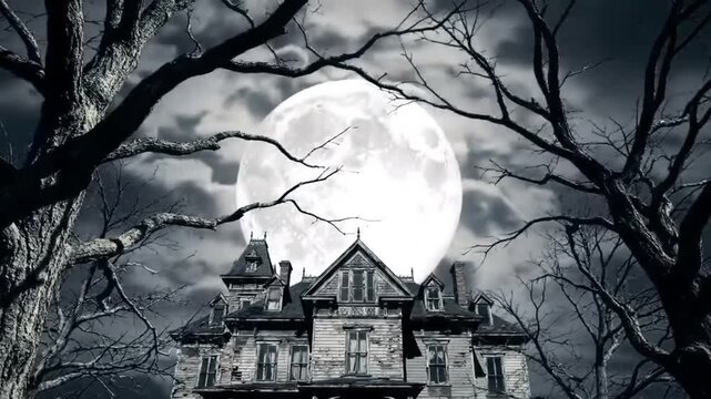 Full Moon over Haunted Mansion and Dark Trees