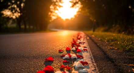 Aesthetic Photo Sunset Light On Quiet Road With Flower Petals