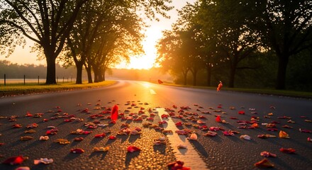Illustration Of Sunset Glow On Road Scattered Flowers Memorial