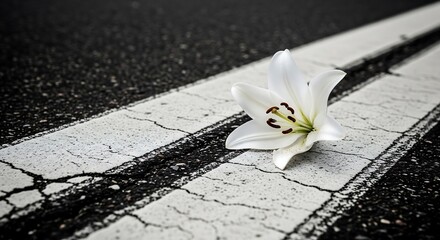 White Flower Resting On Faded Road Marking Symbol Of Tribute And Loss