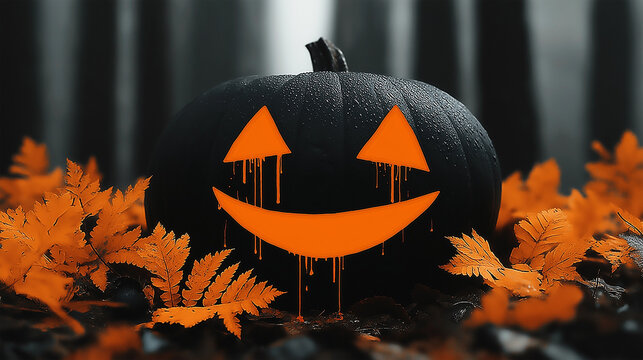 Single black pumpkin with dripping orange face surrounded by colorful autumn ferns, spooky Halloween night decoration and horror concept.
