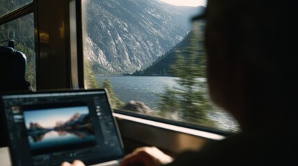 A candid, documentary-style photograph taken from the aisle of a train. A digital nomad is in the foreground, slightly out of focus, looking at his laptop screen. 