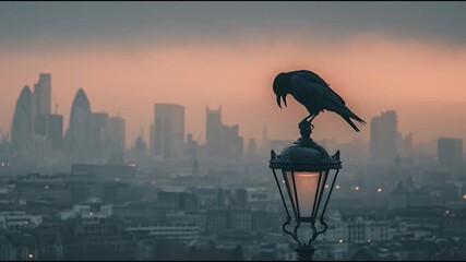 A raven perched on a vintage lamp against a city skyline at dusk, with a moody atmosphere and soft, diffused light. - Powered by Adobe