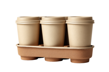 Three disposable coffee cups in a cardboard holder isolated on transparent background