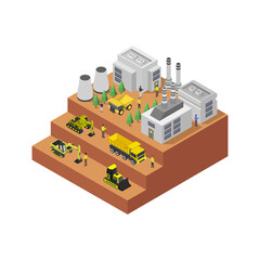 Isometric Industrial Factory Construction Site With Yellow Heavy Machinery And Workers Under Clear Sky