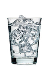 A tall glass filled with ice cubes and clear liquid, isolated on transparent background