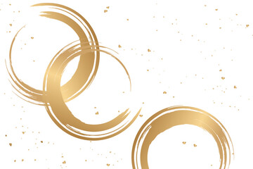 金色の筆円と金箔が舞う和風モダン背景 ベクター素材｜黒背景に金の筆で描かれた円が重なる上品で高級感のある和デザイン 背景や年賀状、祝いデザインに使える抽象アート｜金,円,筆,和風,背景,ベクター