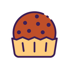 Chocolate Muffin Icon With Dark Purple Berries And Light Orange Cupcake Liner Against White Background With Dark Purple Outline