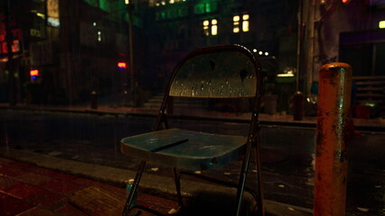 A lonely metal chair sits in the rain, illuminated by colorful city lights. Reflections dance on the wet pavement, creating a moody, atmospheric scene. The night feels alive yet tranquil.