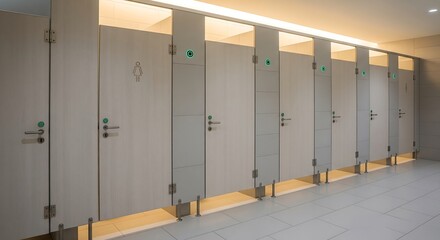 Soft Light Illuminating Row Of Clean Restroom Stalls Symbol Of Safe Facilities