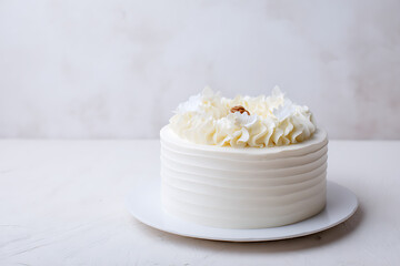 Elegant White Cake with Creamy Frosting and Delicate Decoration on a White Plate