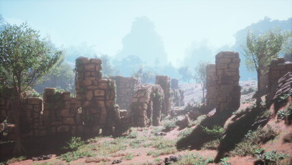 Sunlight filters through fog, illuminating crumbling stone structures surrounded by greenery. Nature reclaims this once thriving site, inviting exploration and wonder.