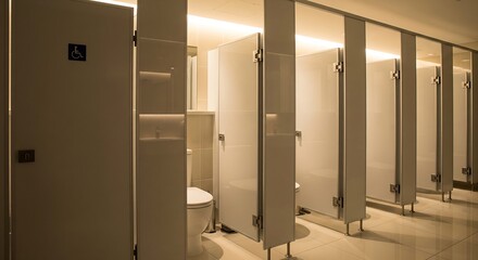 Soft Light Illuminating Row Of Clean Restroom Stalls Symbol Of Safe Facilities