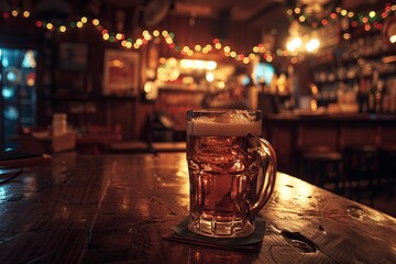 Cold beer is waiting for customer on wooden table in warm pub decorated with christmas lights