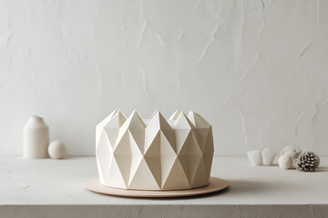 Geometric cake with white textured background creates a minimalist and elegant dessert presentation.
