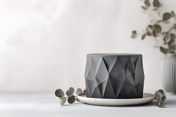 Geometric planter with eucalyptus branches creates a serene and minimalist still life composition.