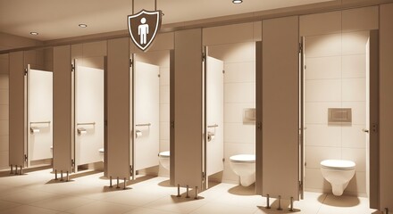 Soft Light Illuminating Row Of Clean Restroom Stalls Symbol Of Safe Facilities