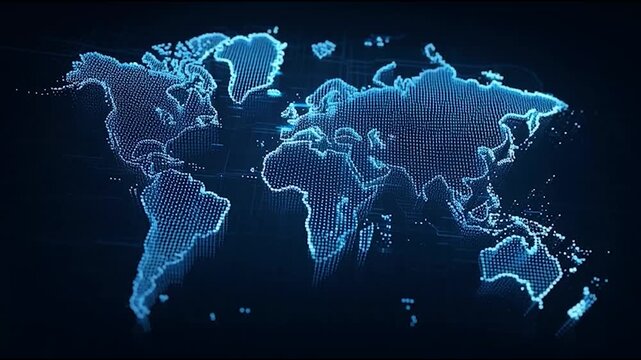 A digital representation of a world map composed of glowing dots against a dark background, illustrating data visualization technology.