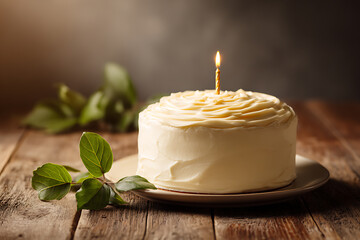 A delightful birthday cake with a single candle on a rustic wooden table, soft lighting.