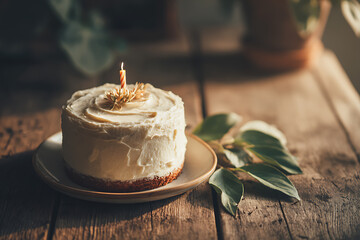 Celebratory cake with a single candle, rustic wooden table, and soft, warm lighting creating a cozy atmosphere