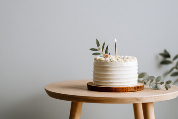 Celebratory white cake with a single candle on a wooden table against a neutral background.