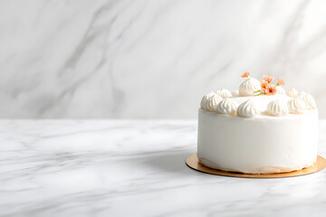 Elegant white cake with delicate floral decorations against a marble backdrop, perfect for celebrations.